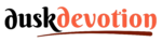 Logo for duskdevotion featuring stylized, serif typography in black and sunset orange, underlined by a dark brown swoosh on a clean white background.