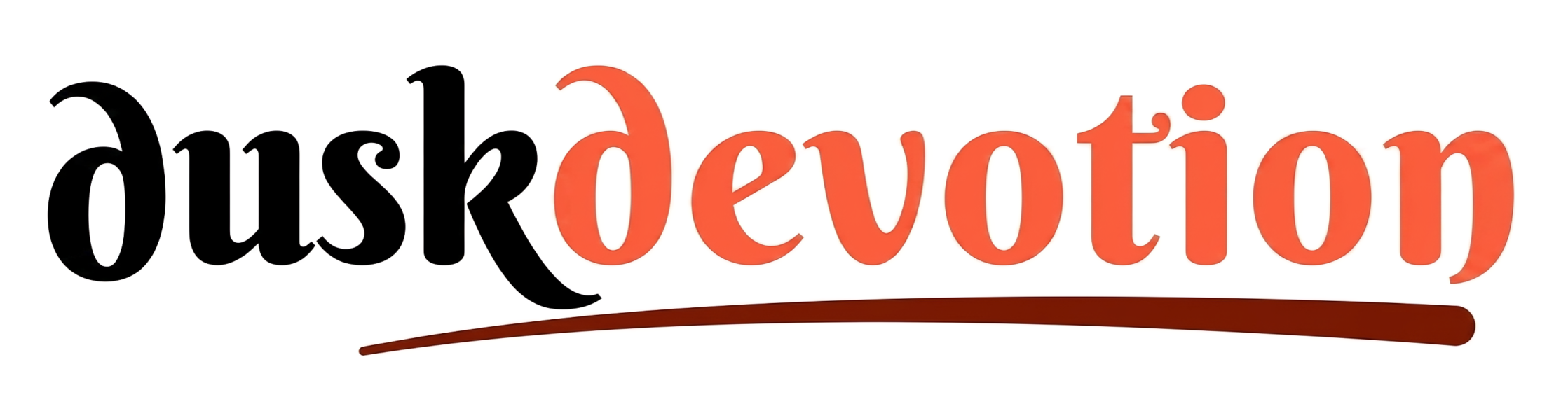 Logo for duskdevotion featuring stylized, serif typography in black and sunset orange, underlined by a dark brown swoosh on a clean white background.